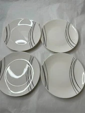 4) HOUSEWARES INT'L   BLUE HARBOR  SALAD PLATES  WHITE WITH BLACK  VGC