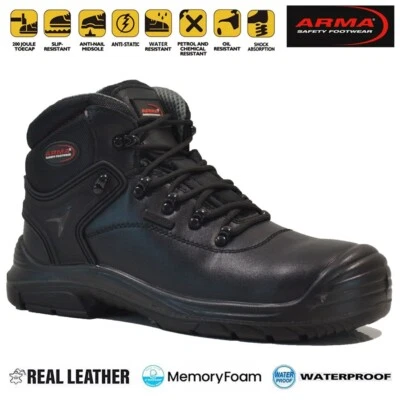MENS LEATHER WATERPROOF SAFETY STEEL TOE CAP HIKING WORK ANKLE BOOTS TRAINERS - Image 1 of 4