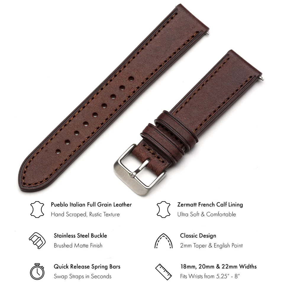 Italian Leather Watch Band - Full-Grain Leather - Dark Brown - 18, 20 or 22mm - Image 2 of 4