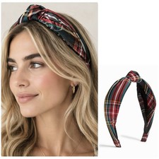 J. CREW Tartan Knot Headband Cotton Black Red Flexible and Soft