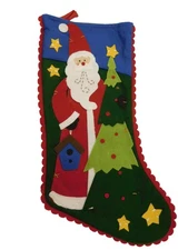 Green Felt Patchwork Santa Claus & Tree Christmas Holiday Stocking