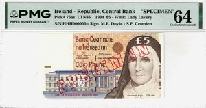 IRELAND REPUBLIC FIVE POUNDS 1994 P75as PMG 64 Choice Uncirculated