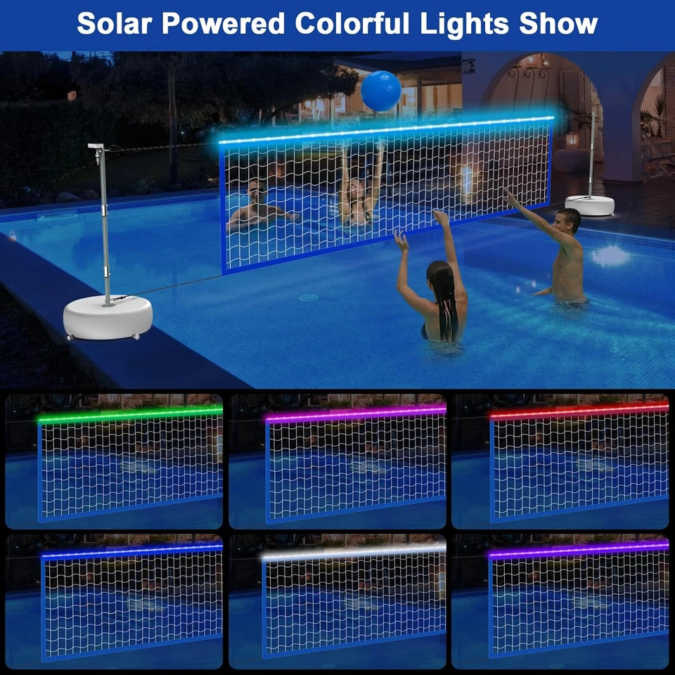 Pool Volleyball Net Set with LED Lights, Solar Powered Volleyball Net with Adjus - image 3 of 4