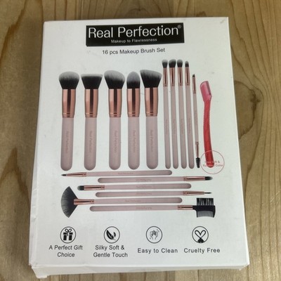 Real Perfection 16 Piece Makeup Brush Set Pink Plus Eyebrow Razor