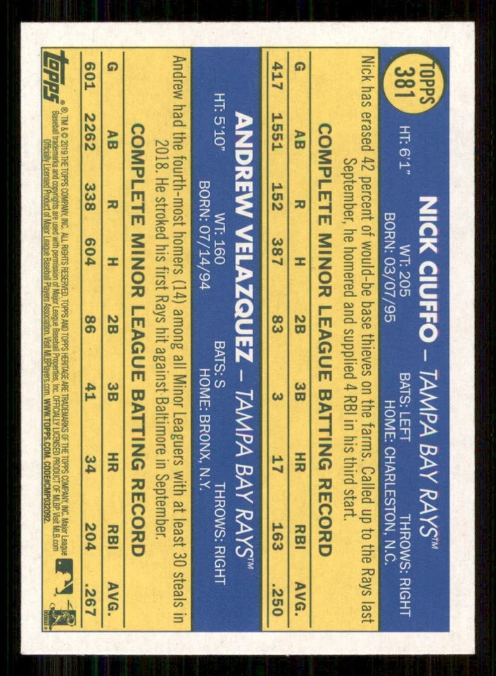 2019 Topps Heritage #381 Andrew Velazquez RC/Nick Ciuffo RC - Image 2 of 2