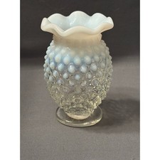 Fenton White Opalescent Hobnail Glass Vase Ruffle Rim Bud Vase Vintage Art Glass
