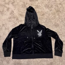 Playboy Velour Rhinestone Hoodie Womens 2X Black Long Sleeve Full Zip Pockets