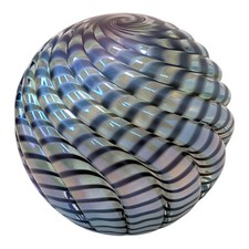 Large Iridescent Ribbed Spiral Art Glass Paperweight Orb Blue Swirl Hand Blown D
