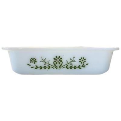 Vintage Glasbake Green Crazy Daisy Milk Glass 8  x 8  Square Casserole Dish