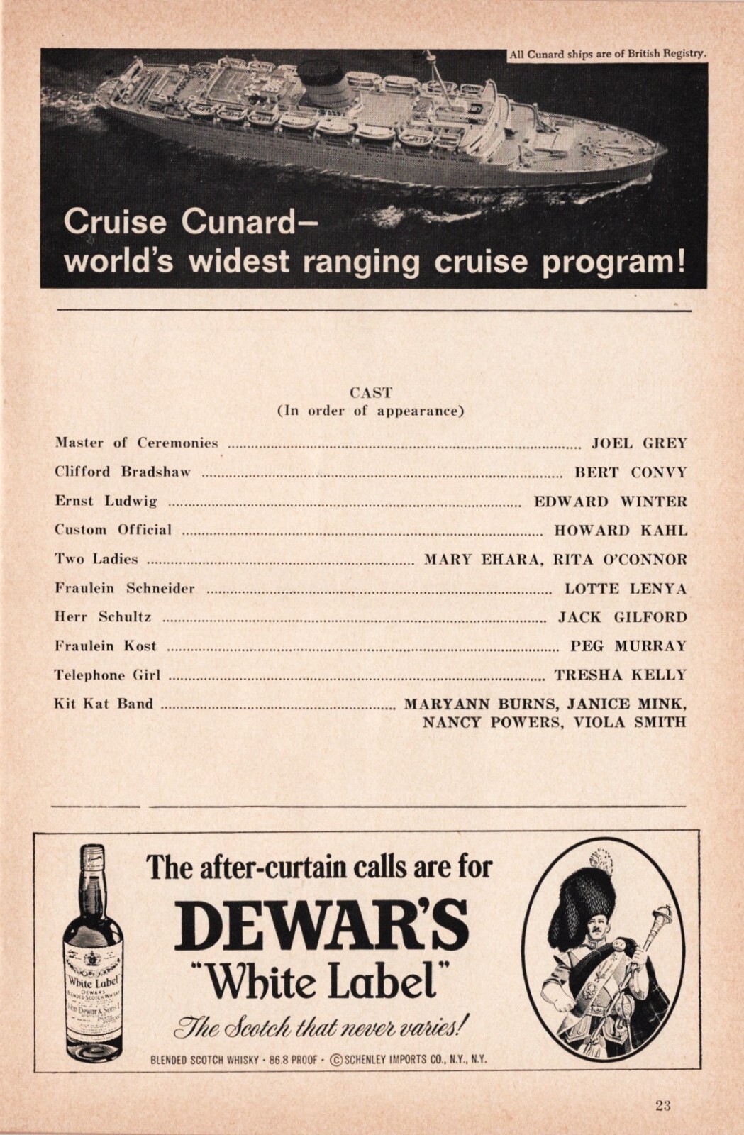 Kander and Ebb "CABARET" Joel Grey / Lotte Lenya 1966 Boston Tryout Playbill