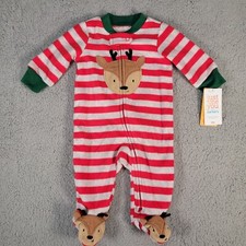 Carter's Baby Size 3 Months Red  Gray Striped Reindeer Theme Christmas Sleeper
