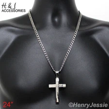 18-40"MEN Stainless Steel 7mm Silver Cuban Curb Chain Classic Cross Pendant*A11