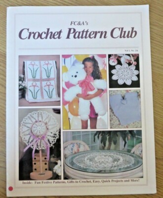 FC&A's Crochet Pattern Club 1989, Doily, afghan, bear, hair bow, table topper