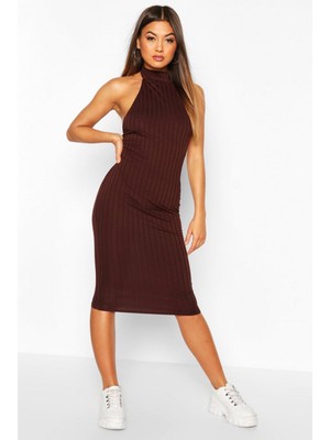 Ribbed Racer Front Midi Bodycon Dress 