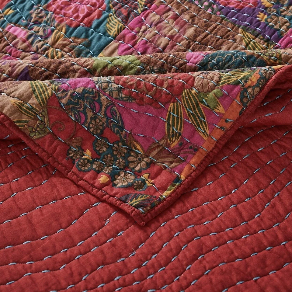 NEW Anthro Red Floral Boho Queen Quilt Stitch Bedspread Bedding Sham Set - Image 4 of 4