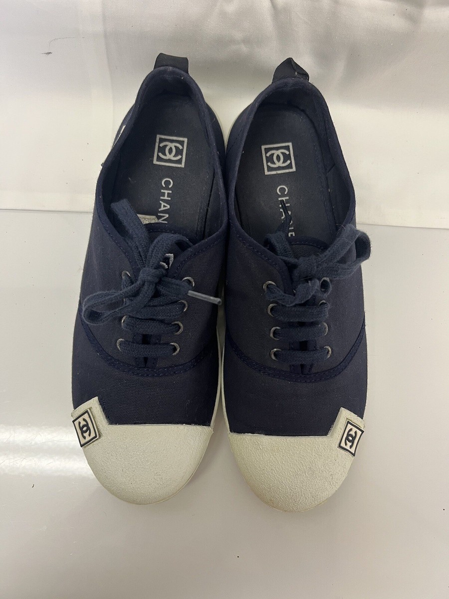 Vintage CHANEL Shoes Navy Blue Low Top Sneakers *PRIMO* Womens