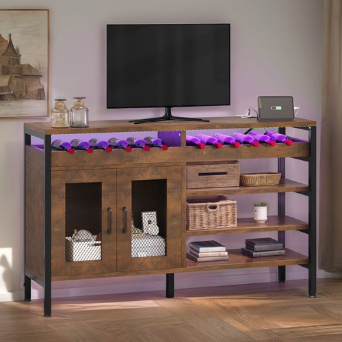 55" Cabinet Industrial Liquor Wine Bar Sideboard Storage Shelves Power Outlets - Picture 7 of 12