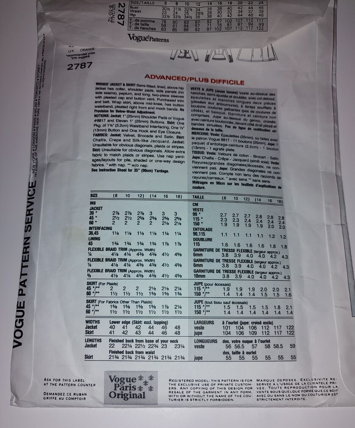 VOGUE Modello PARIGI ORIGINALE YVES SAINT LAURENT 2787 GIACCA MISSES' TAGLIATA