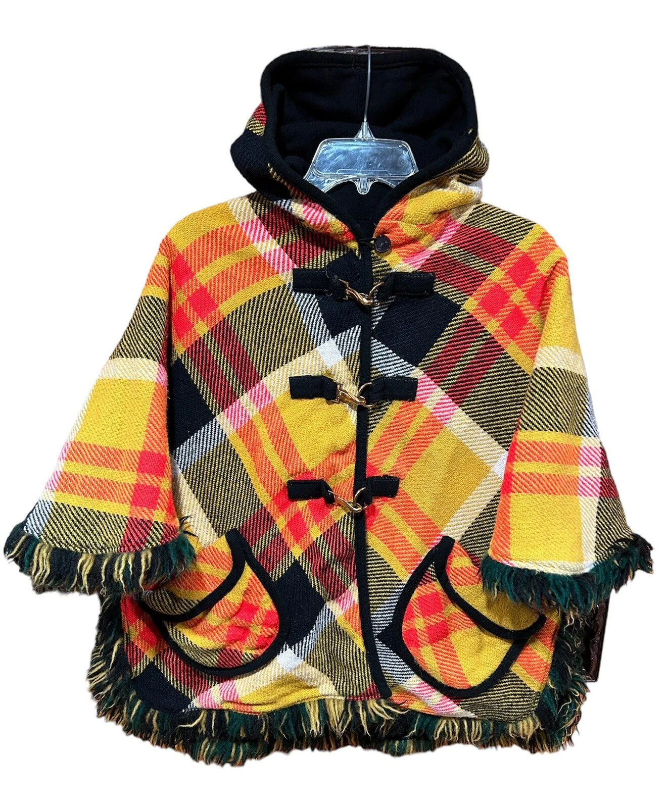 Vintage Wool Reversible Poncho Cape Fringe Tartan Plaid Black One Size READ