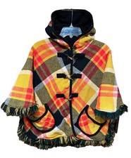 Vintage Wool Reversible Poncho Cape Fringe Tartan Plaid Black One Size READ