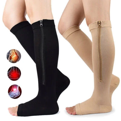 Zip Up Compression Socks High Leg Support Knee Slimming Stocking Open Toe Unisex
