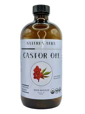 Natures Aura Organic Castor Oil - Glass (16.9 Oz) | Cold Pressed, Hexane Free