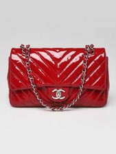 Chanel Red Chevron Quilted Patent Leather Medium Single Flap Bag
