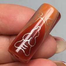 Tibetan Red Old Agate Inlay Silver DZi *Buddha&Ancient Coins* Bead 32mm S0408