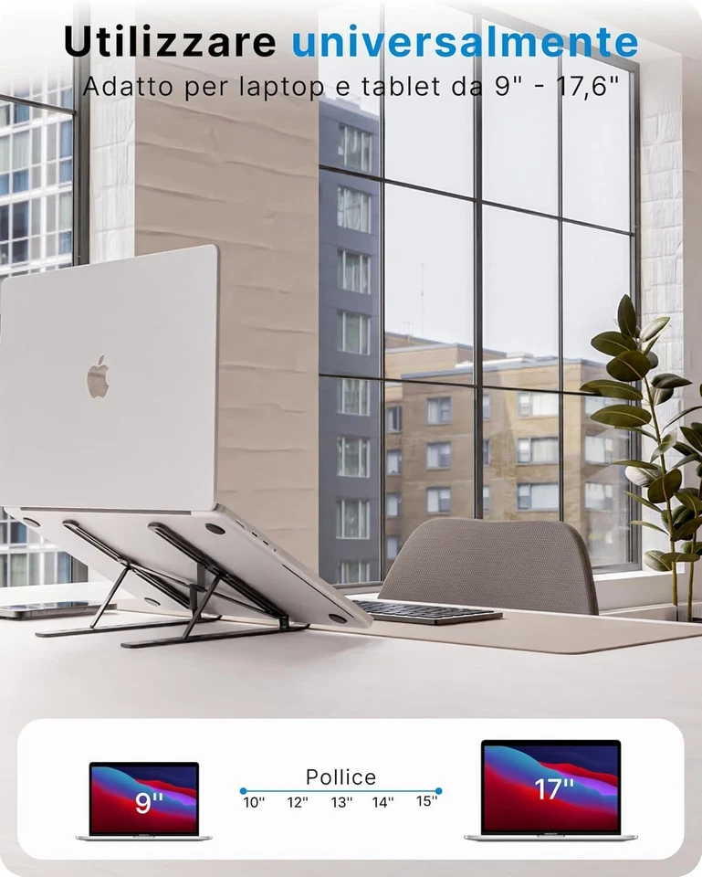 SUPPORTO PC PORTATILE 7 POSIZIONI ALLUMINIO RAFFREDDAMENTO TABLET LAPTOP ARGENTO - Immagine 3 di 4