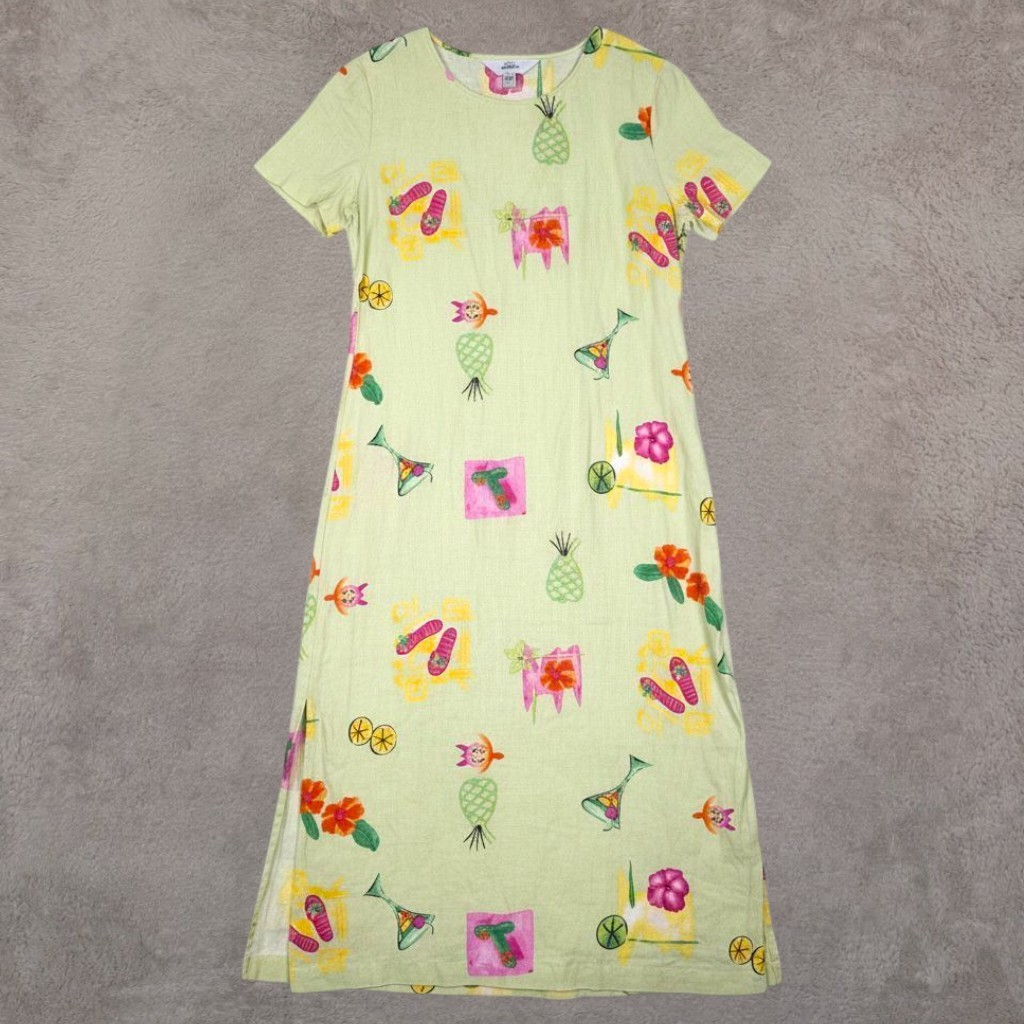 AKS Amy K Su Green Beachy Tropical Print 100% Linen Maxi Dress Size M