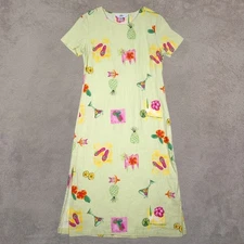 AKS Amy K Su Green Beachy Tropical Print 100% Linen Maxi Dress Size M