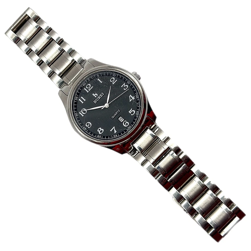 BUREI Reloj Hombre Cuarzo Esfera Negra Fecha 30 m Acero Inoxidable Pulsera Números Arábigos Foto 3 de 4