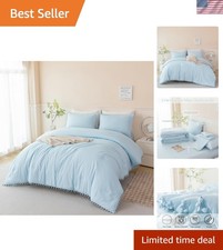 Twin Bedding Set Light Blue Pom Pom Comforter Bed in a Bag 5 Pcs for Girls Boys