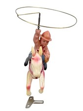 RARE Vintage Celluloid Horse Rancher Cowboy Lasso Wind-Up Toy Japan WORKS