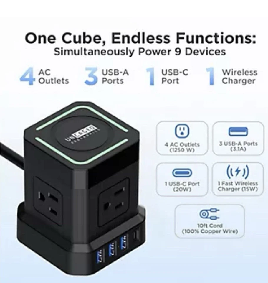Uncaged Ergonomics Wireless Charging Power Cube 4 Outlet, 4 USB Black - Image 2 of 4