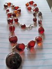 vintage long beaded Cherry Red genuine Amber Bead Necklace caged pendant gem — photo 2