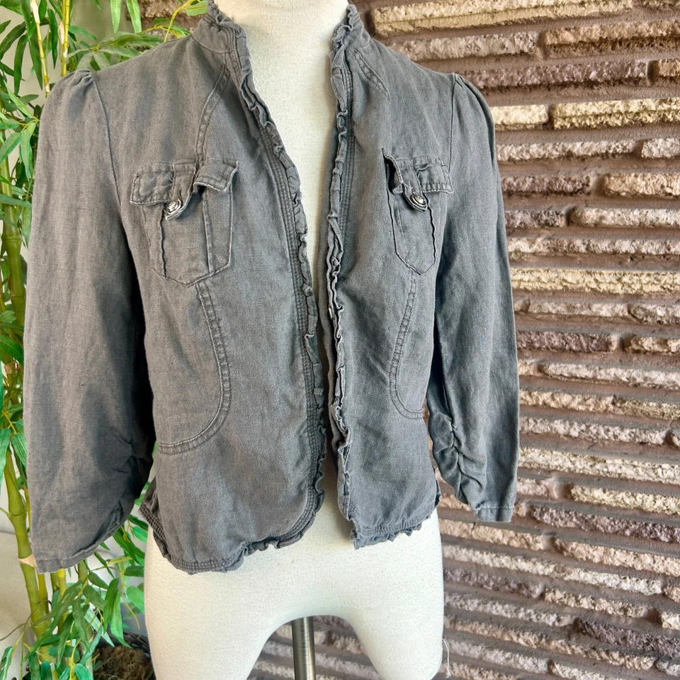 Chaqueta informal INC International Concepts gris con volantes grunge 100 % lino mediana Foto 3 de 4