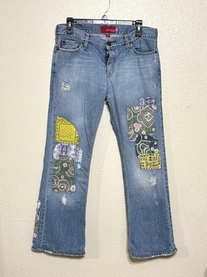 HOLLISTER Denim Blue Jeans Patchwork Hippie BOHO Y2K Patches Womens Size 9