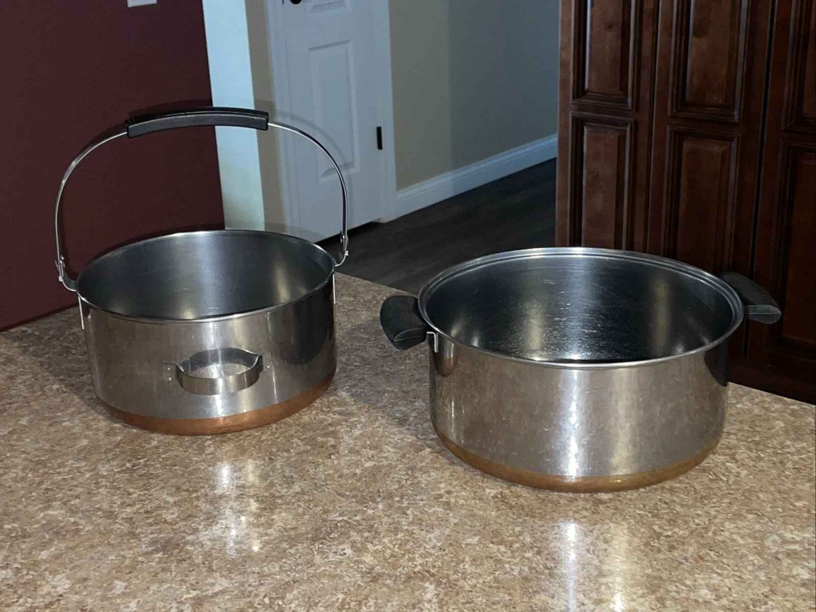 2 Vintage Revere Ware Copper Bottom 5 Qt Bail Handle & 6 Qt Pots MADE IN USA