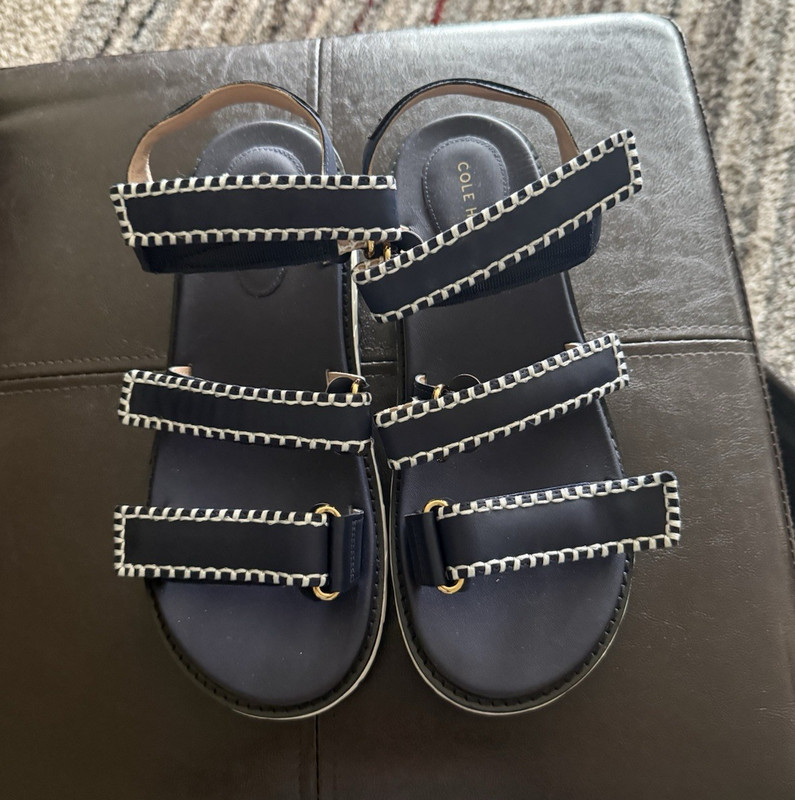 Cole Haan Women’s Navy/White Strappy Leather Ankle Strap Buckle Sandals 9.5M