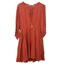 ASTR The Label Tassel Tie Neck Long Sleeve Lined Fit & Flare Dress Rust Large