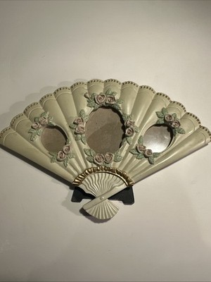 VTG Fan Shaped Triple Oval Photo Frame Roses Shabby Chic Cottagecore Decor