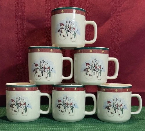 Vintage Royal Season Snowmen Stoneware Coffee Cups/Mugs, Set Of 6