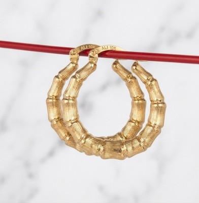Graduierte Garnelen Stil Bambus Creolen ECHT 10K Gelbgold tolle Details