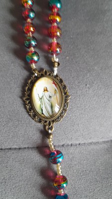 Bronze  Rosary With Glass Red blue Beads Jesus Catholic Prayer Beads