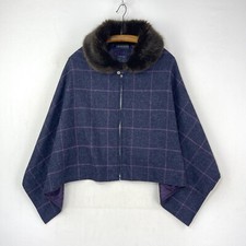 Rydale Tweed Cape Womens O/s Blue Check Wrap Poncho Fur Collar Races