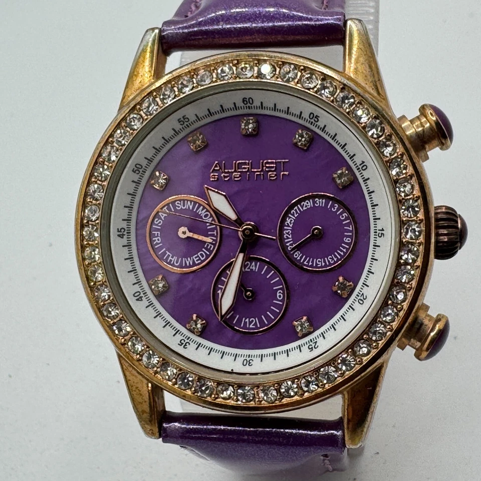 August Steiner Quartz Watch Women Gold Tone Purple Rhinestone Day Date New Batte - Image 2 of 4