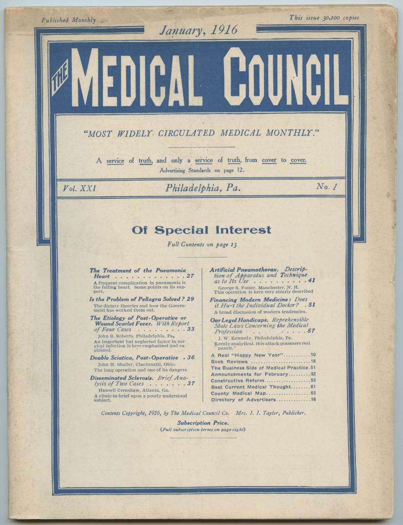 Jan. 1916 Philadelphia Medical Council Journal Medicine Doctors Trade Magazine