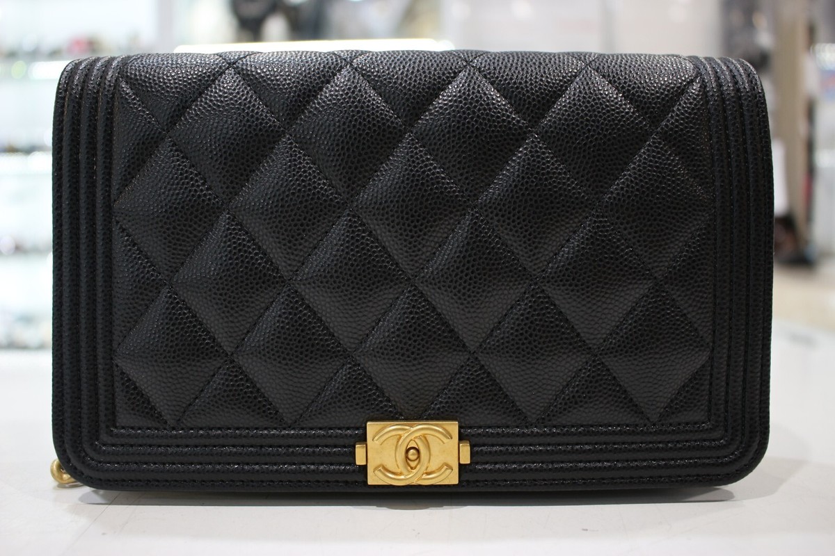 CHANEL Boy Wallet on Chain Grained Calfskin - Black | eBay