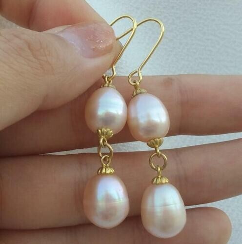 Natural Cultured Baroque Pearl Earrings 18K Gold Ear Drop Dangle Pink - Picture 2 of 4